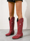 Elegant Red Embroidered Asymmetrical Knight Boots - Versatile Chunky Low-Heel Women's Footwear