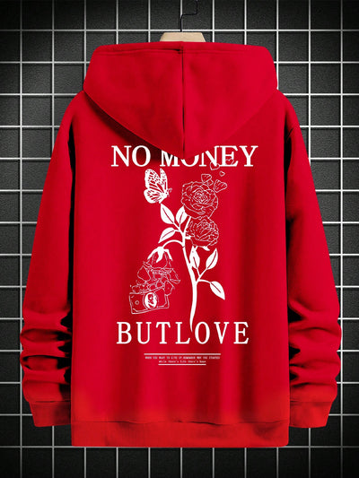 Floral Comfort: Men's Hooded Sweatshirt with Printed Slogan and Flowers