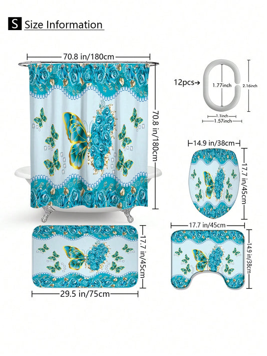 Elegant Blue Butterfly & Rose Bathroom Set: Waterproof Shower Curtain with Hooks & Non-Slip Mat Collection