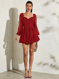 Red chiffon mini dress with long sheer sleeves wrap V bodice side bow and layered ruffle hem