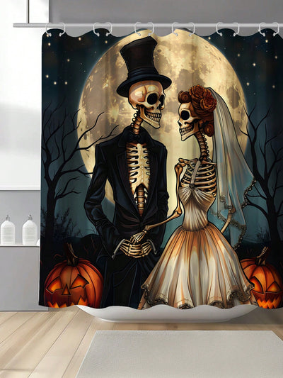 Spooky Halloween Pumpkin Skull Shower Curtain Set with 12 Hooks - Waterproof and Mildew Resistant Bathroom Accessory