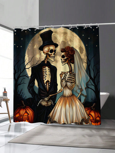 Spooky Halloween Pumpkin Skull Shower Curtain Set with 12 Hooks - Waterproof and Mildew Resistant Bathroom Accessory