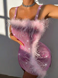 Pink fitted sequin mini dress with feather trim