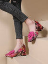 Chic Floral Bowknot Thick Heel Pumps - Stylish Slip-On Elegance for Every Occasion