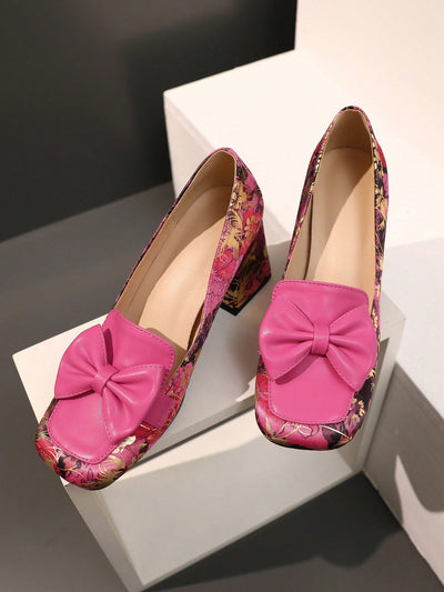 Chic Floral Bowknot Thick Heel Pumps - Stylish Slip-On Elegance for Every Occasion