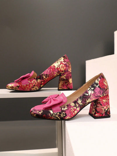 Chic Floral Bowknot Thick Heel Pumps - Stylish Slip-On Elegance for Every Occasion