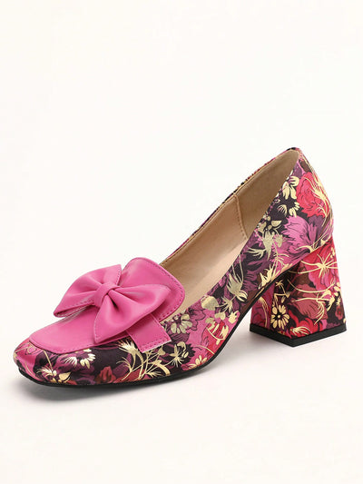 Chic Floral Bowknot Thick Heel Pumps - Stylish Slip-On Elegance for Every Occasion