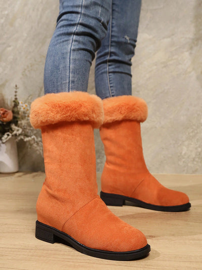 Stay Stylish and Cozy in our Exclusive Design Fleece-Lined Orange Mid-Calf Boots