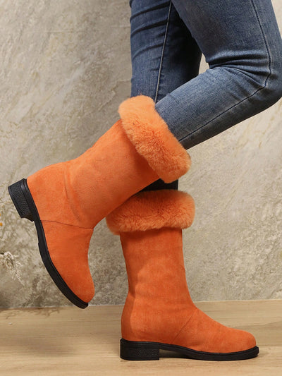 Stay Stylish and Cozy in our Exclusive Design Fleece-Lined Orange Mid-Calf Boots