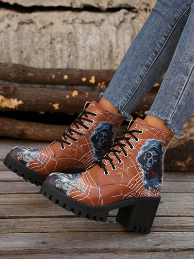 Spooky Chic: Women's Lace-Up Thick Heel Short Boots for Halloween Parties