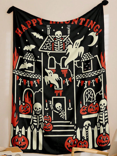 Spooky Skull and Pumpkin Flannel Blanket – Perfect Gift for Loved Ones!