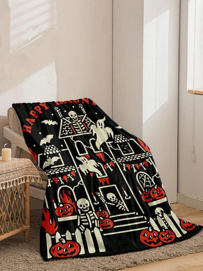 Spooky Skull and Pumpkin Flannel Blanket – Perfect Gift for Loved Ones!