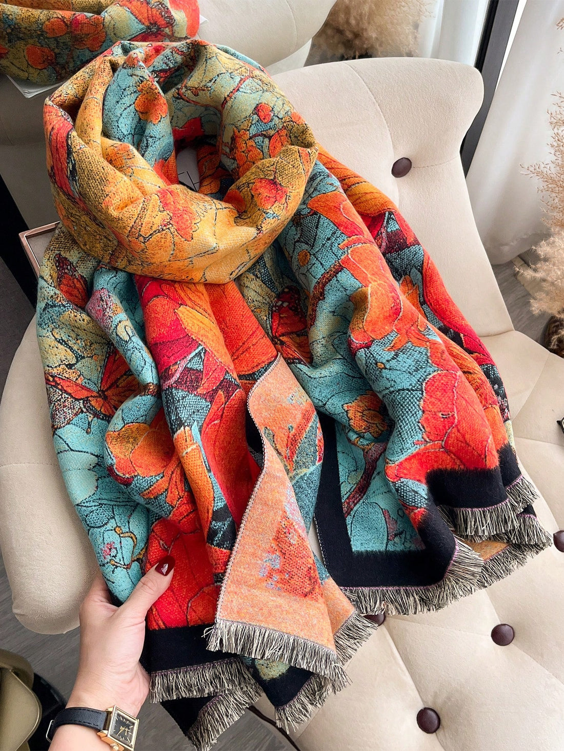 Elevate your fall and winter style with our Chic Vintage Floral Jacquard Knit Scarf. Made with high-quality materials, this scarf adds a touch of elegance to any outfit. The intricate floral jacquard design adds a vintage feel, making it the perfect accessory for the season. Stay warm and fashionable with this must-have piece.