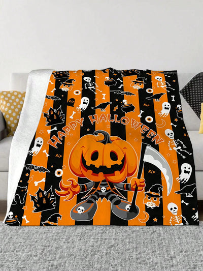 Cozy Cartoon Pumpkin Flannel Blanket: The Perfect Autumn Home Decor and Halloween Gift