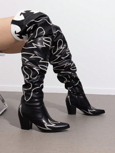 Stylish Western Embroidered Cowboy Boots with Pointed Toe and Chunky Heels for Women