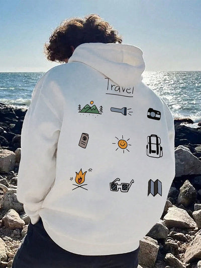 Personalized Adventure: Men's Casual Outdoor Element Print Hoodie