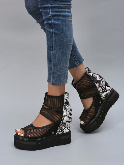 Stylish Black Mesh Platform Wedge Sandals with Waterproof Bottom