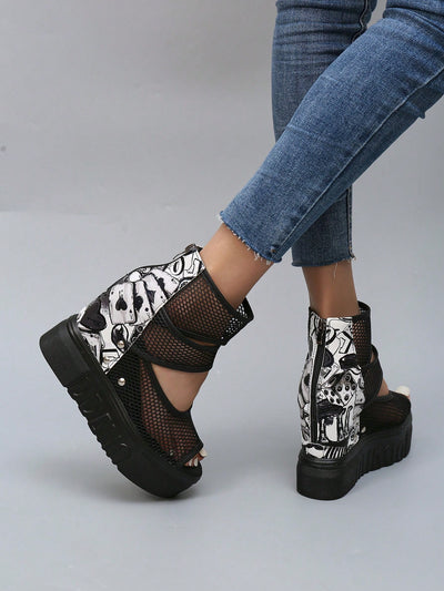 Stylish Black Mesh Platform Wedge Sandals with Waterproof Bottom