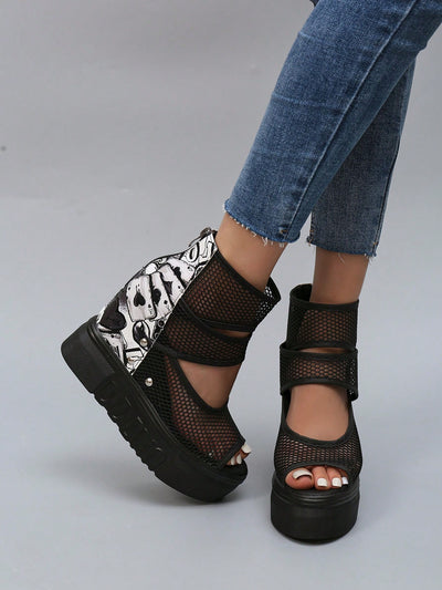 Stylish Black Mesh Platform Wedge Sandals with Waterproof Bottom