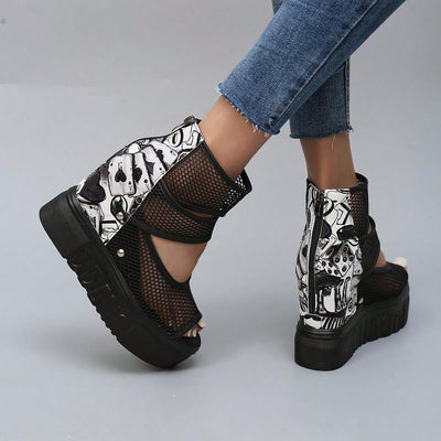 Stylish Black Mesh Platform Wedge Sandals with Waterproof Bottom