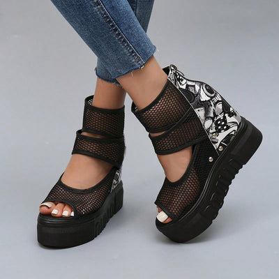 Stylish Black Mesh Platform Wedge Sandals with Waterproof Bottom