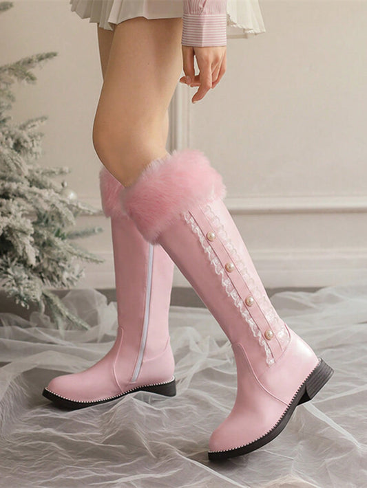 Winter Warmth: Women’s Fleece-Lined Knee-High Flat Boots with Side Zipper