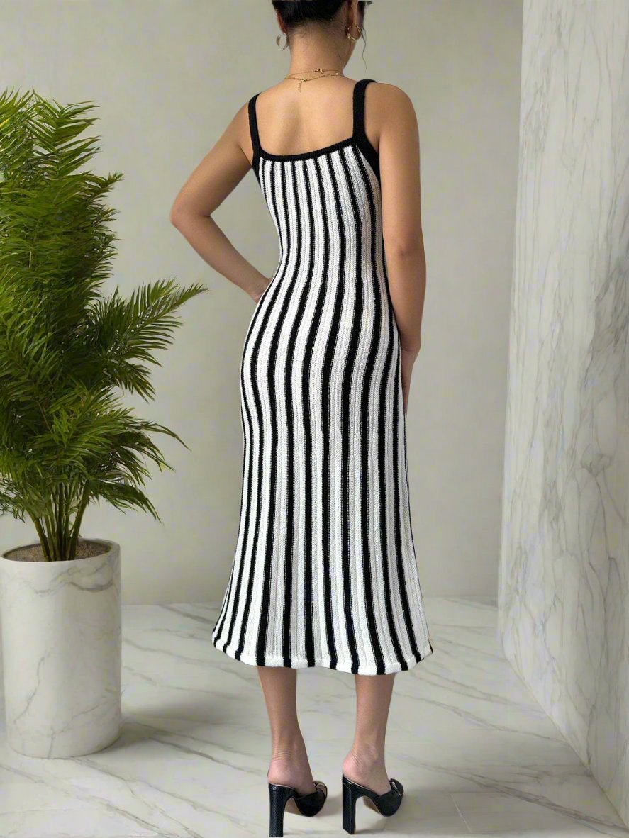 Elevate your style with our Chic Striped Knit Camisole Dress, a French fashion essential. Made with a flattering silhouette and breathable knit fabric, this dress is perfect for any occasion. Stand out from the crowd with its chic stripes and enjoy the comfort and sophistication of French fashion.