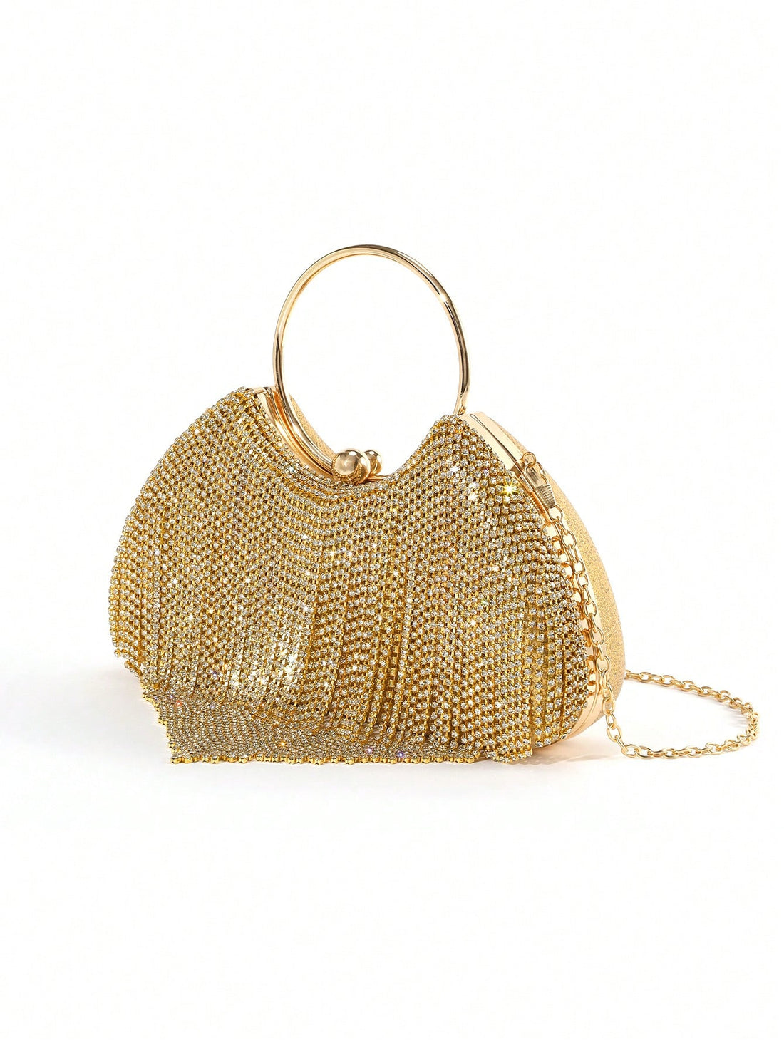 Add a sparkle to your night with this Glamorous Rhinestone Tassel Evening Bag. Perfectly sized as a chic wristlet clutch, it dazzles with glittering rhinestones and a playful tassel that swings with every step. Ideal for weddings, parties, or any occasion where you want to shine, this bag keeps your essentials close while making a stylish statement. Let it be your go-to glam accessory to light up the evening!