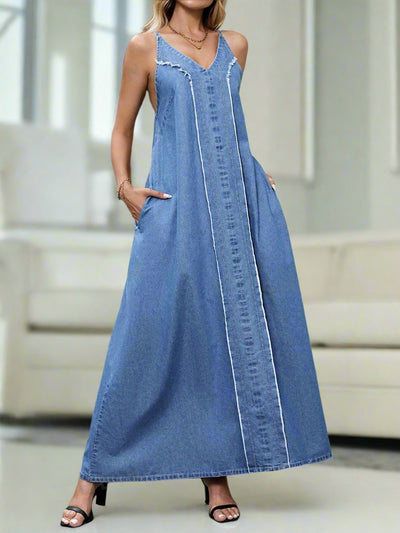 Trendy Casual Denim Dress with Frayed Edges and Patchwork Pockets for Effortless Style