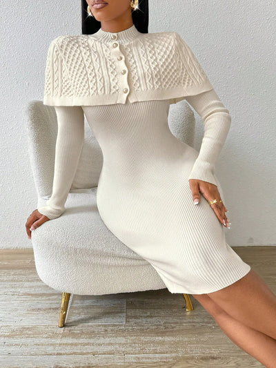 Chic Cape-Style Twist-Texture Sweater Dress with Metal Buckle Detail