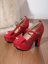 Dazzle in Red: Waterproof Platform Women's Shoes with Rhinestone Strap