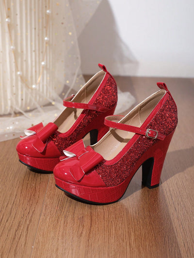 Dazzle in Red: Waterproof Platform Women's Shoes with Rhinestone Strap