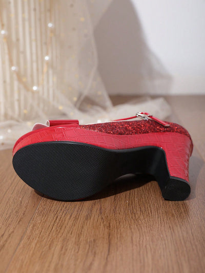 Dazzle in Red: Waterproof Platform Women's Shoes with Rhinestone Strap