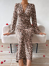 Chic V-Neck Leopard Print Ruched Puff Sleeve Dress for Elegant Fall Events