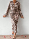 Chic V-Neck Leopard Print Ruched Puff Sleeve Dress for Elegant Fall Events