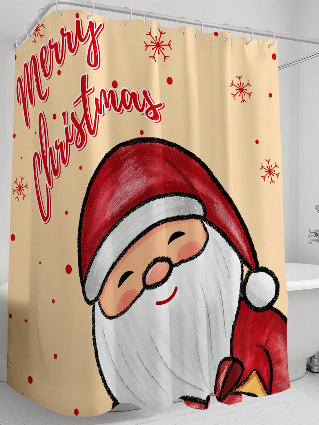 Enhance your bathroom decor with our festive Santa Claus shower curtain. Designed with waterproof material and equipped with hooks and eyelets, it's also mildew resistant for long-lasting use. Enjoy a holiday-themed shower experience with this high-quality and practical addition to your bathroom.