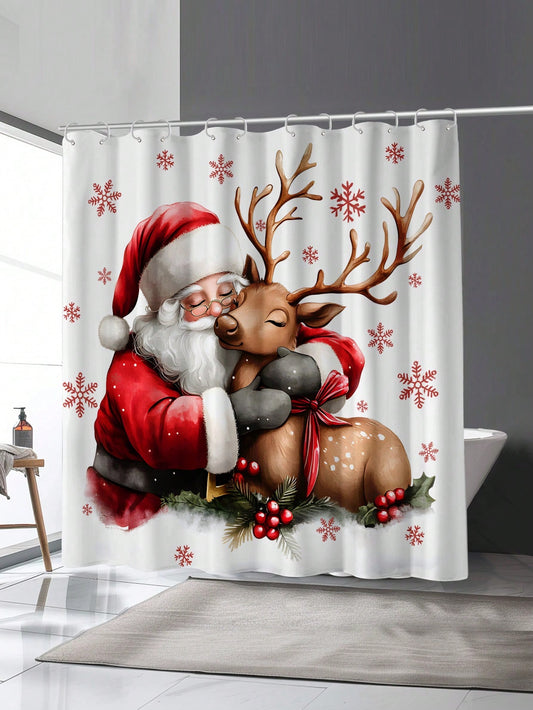 Festive Santa Claus Poinsettia Printed Shower Curtain - Waterproof and Mildew Resistant Bathroom Accessory