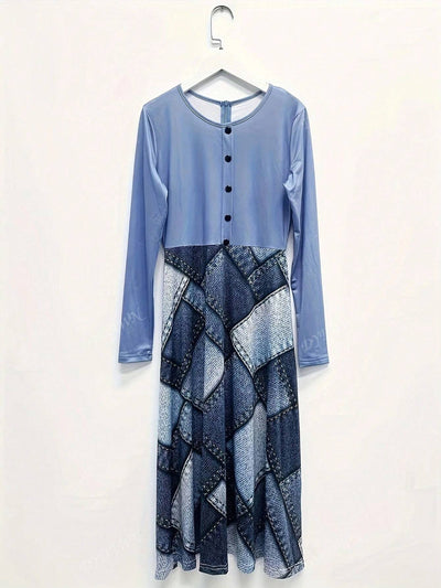 Dusty Blue Denim Print Patchwork Dress: Effortlessly Chic Long Sleeve Style