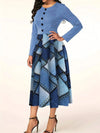 Dusty Blue Denim Print Patchwork Dress: Effortlessly Chic Long Sleeve Style