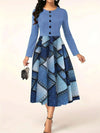 Dusty Blue Denim Print Patchwork Dress: Effortlessly Chic Long Sleeve Style