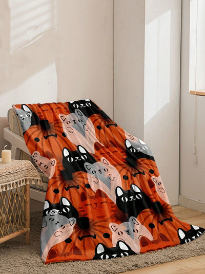 Purrfectly Cozy Cartoon Pumpkin Cat Flannel Blanket - Ideal Autumn Gift for Halloween and Beyond