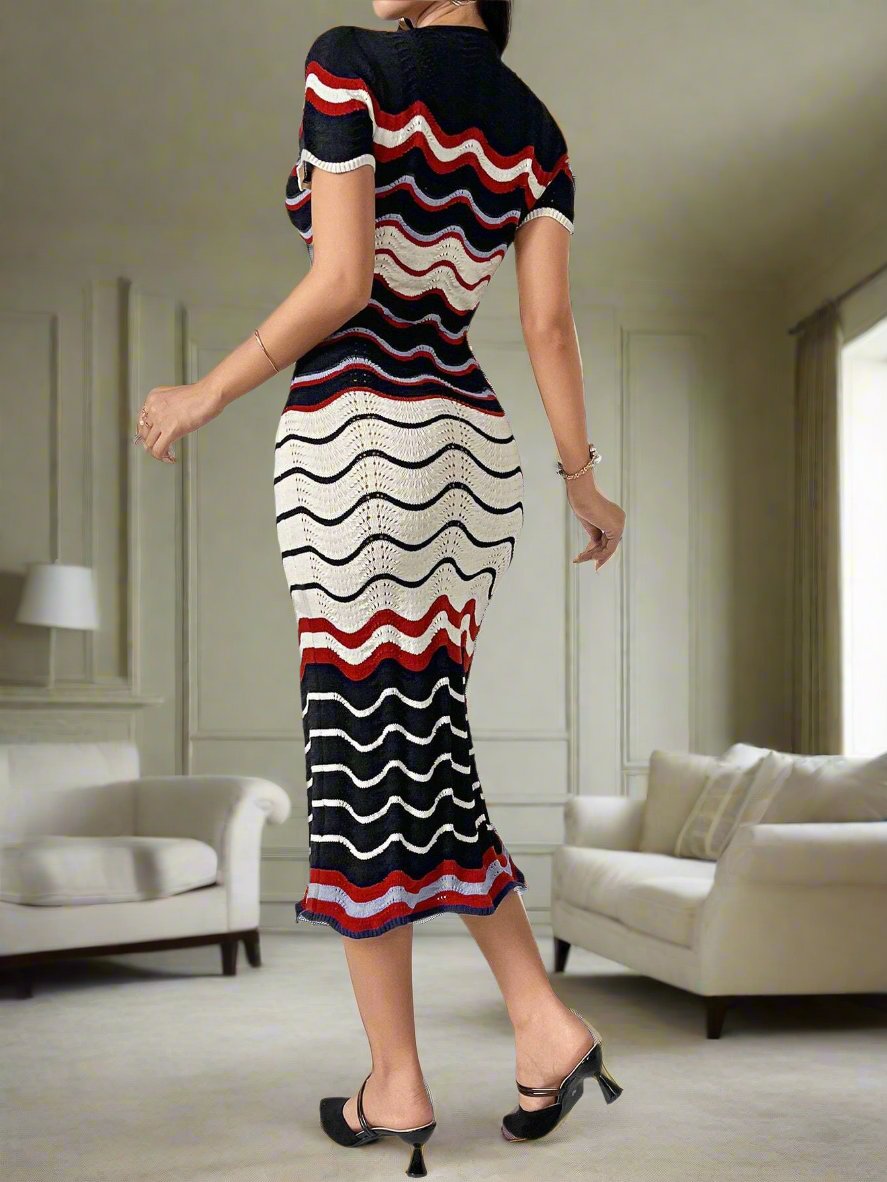 Enhance your wardrobe with our chic and cozy wave pattern sweater dress! The short sleeves provide a stylish twist, while the soft fabric promises comfort. Perfect for any occasion, this dress is a must-have addition to your closet.