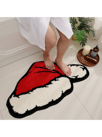 Whimsical Christmas Cap Bath Rug - Plush, Non-Slip, and Washable Holiday Bathroom Decor