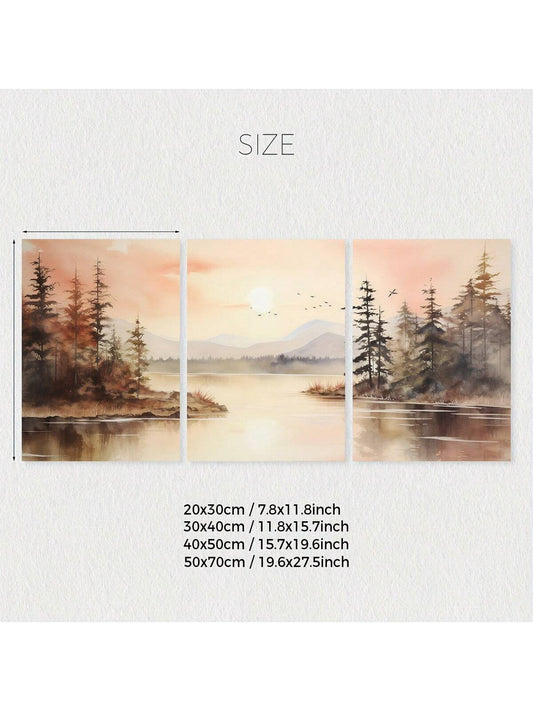 Morning Landscape Watercolor Art Set - 3-Piece Unframed Canvas Prints for Modern Home Décor