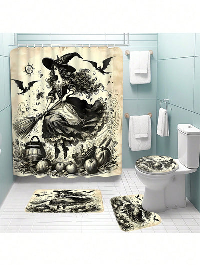 Vintage Witch Skull Halloween Bathroom Set - Spooky Shower Curtain and Accessories