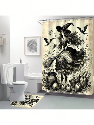 Vintage Witch Skull Halloween Bathroom Set - Spooky Shower Curtain and Accessories