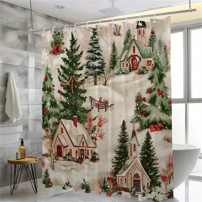 Festive Christmas Tree House Print Shower Curtain - Waterproof & Machine Washable Bathroom Decor with Hooks