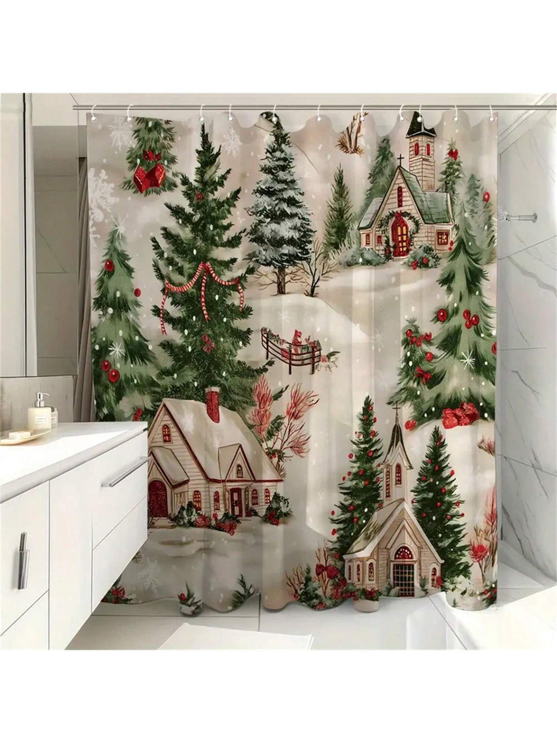 Transform your bathroom into a festive winter wonderland with our Christmas Tree House Print Shower Curtain. Made with waterproof and machine washable material for easy maintenance, this colorful curtain comes with hooks for easy installation. Get ready to celebrate the holidays in style with this charming bathroom decor.