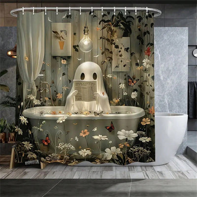 Cute Ghosts and Newspaper Flowers: Halloween Fantasy Shower Curtain