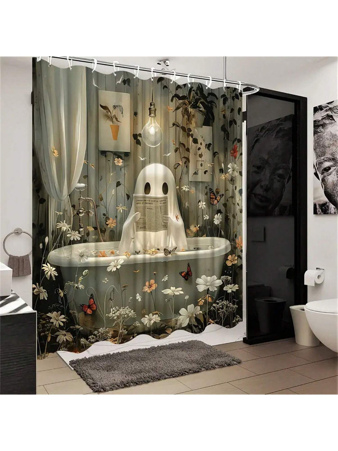 Transform your bathroom into a spooky wonderland with our Cute Ghosts and Newspaper Flowers Shower Curtain! Featuring a playful design of ghosts and flowers from old newspaper clippings, this curtain adds a touch of whimsy to your Halloween decor. 